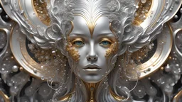 Waterfall, figure of a Woman, art from the "art of control" collection by Jasper Harvey, in the style of futuristic optics, silver and gold, flower, bird, detailed facial features, swirling vortices, 8k 3d, bizarre cyborgs, made of crystals, high detail, high resolution, 8K