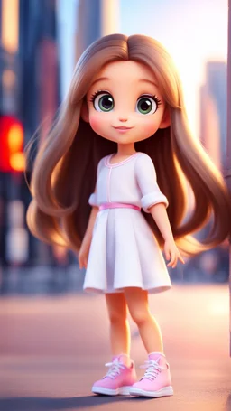 A beautiful, adorable cartoon little girl. Long shiny hair, large sparkling eyes (like anime or Disney characters), a small face and delicate nose. A happy, innocent expression with a small smile standing in modern city open stage with prettyy shoes. Clean design, vibrant and warm colors, modern studio animation style, 4K quality.