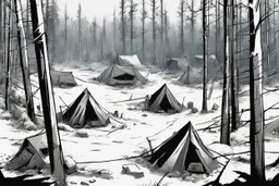 campsite, winter, tents, overgrown, post-apocalyptic, comic book, forest