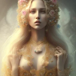 ultradetailed beautiful portrait painting of love Aphordite with long flowing blonde hair and sharp piercing gaze of blue eyes, alluring beauty, wearing jewels, roses, ultra ornate, gold leaf deatils, wearing white dress, by conrad roset, greg rutkowski and artgerm, trending on artstation