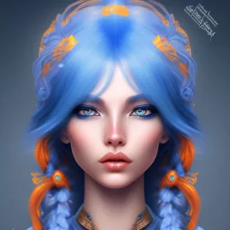 human kingfisher girl with blue hair and orange strand of hair