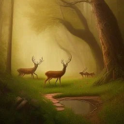 fantasy art, book cover, "As your horse ride deeper into the forest, you begin to see signs of wildlife. A closeup on deer dashes across the trail ahead of you. The journey may be long, but in this moment, it feels as though you are exactly where you need to be."