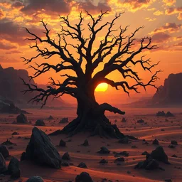 A majestic, ancient tree stands silhouetted against a fiery sunset, its gnarled branches reaching towards the heavens like grasping fingers. The surrounding landscape is barren and desolate, with jagged rocks and windswept sand dunes stretching as far as the eye can see. The scene is rendered in a hyperrealistic style, with dramatic lighting and intricate details, capturing the raw power and untamed beauty of nature. Inspired by the works of Albert Bierstadt and Frederic Church, with a modern tw