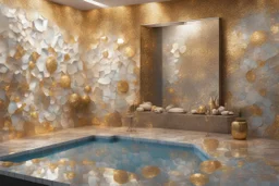 pool mosaic, 3D mirror pieces, beautiful composition, holographic marble pieces, brunette female, dessert shop, flowers, ethereal in sunshine, shading pastel and charcoal golden and ochre, golden glitter, , golden patina, corrosion