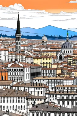 imagine prompt coloring page , inspired by this picture. Itiled roofs, and Arno River., Doumo, Palazzo Vecchio,beauty of Florence's skyline, without people, a white background 9:11