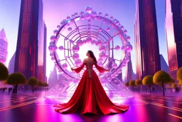 very complex CIFY structure ,pretty viberating color environment 3d metalic and crystal recursive evolving and animating beveled geometric base very complex CIFY structure emiting bubbles that broke, goddess of love in a pretty cleric dress comes out dancing gracefully , viberating color moving very in modern city escape environment while camera tracking it.write in down screen 3d animating"Made in Grok By:J.Babakan"