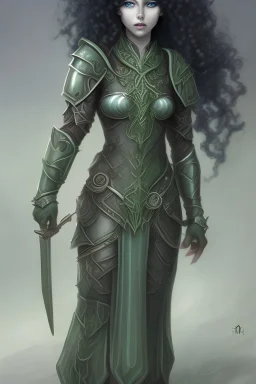 Female moon elf twilight cleric in dark green armour with blueish curly hair and white eyes