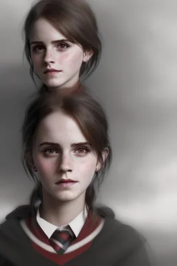 emma watson identify face, Hogwarts uniform , pintura, ,details,texture,8k quality, fog,particles fire, florest, Minimalism, Romanticism, Expressionism, Impressionism