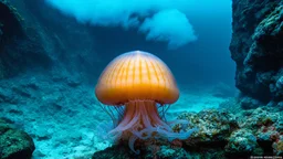 Ground-level shot of exotic giant jellyfish with tentacles on a rocky shoreline, cloud trees, and cliffs