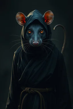 the yoga rat man, big black iris eyes with yellow glints, ou’re looking at someone who doesn’t just walk into shadows—they belong to them. The black robes cling like a second skin, the belt tied tight with gold thread that catches the light only when he moves. His face is wrapped, but not hidden—his eyes glow like embers, red and steady, as if he’s already seen what waits inside the cave. The tail curls behind him, not in fear, but in readiness. He doesn’t need a torch, because the darkness