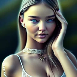 intricate stunning highly detailed girl miranda kerr, pale eyes, long blonde hair, portrait, Bokeh, shallow depth of field, blur, out-of-focus background, Macro lens, highly detailed