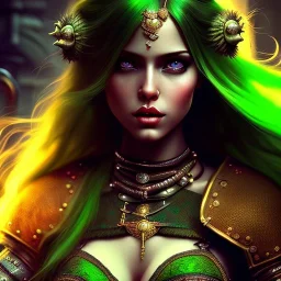 fantaisy setting, medieval fantasy, insanely detailed, woman, indian, peau sombre, green hair strand