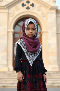 full body 7years old girl with a lace scarf on head that is standing in front of a building, a picture, arabesque, !8k!, azeri, insanely cute, amazing cgi, turkish, adorable outfit