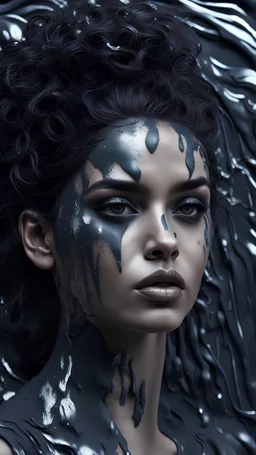 PAPERCUT 3d photo realistic portrait of young woman, dark fantasy, beautiful, dark eyes, dark make up, streaks of paint, paint blobs and smears, paint powder, textured, silver, shiny molten metalics, wild hair, high definition, octane render, 64k, 3d
