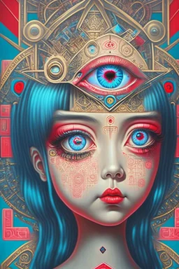 Artwork entitled "Stop AI Censorship" depicting an AI girl with a third eye and a heart; neo-surrealism.