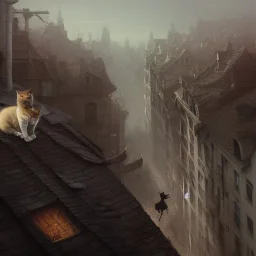 Close up cat on a rooftops under him a crowd, greg rutkowski, matte painting, hyper detailed, felix kelly, Jean Baptiste Monge, architecture croquis drawing