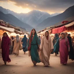 Hyper Realistic Photographic-Low-view of some-Pashto-Young-Happy-Women happily walking in a Traditional-Pakistani-Market-with-lots-of-people-with-cloths-hanging & beautiful-Mountains-&-cloudy-sunset-behind with dramatic & cinematic ambiance