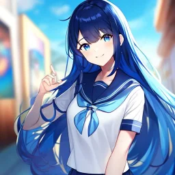 Clear focus,High resolution, Vibrant short blue hair, Vibrant blue eyes, Wearing a sailor uniform, Smiling,Long bangs