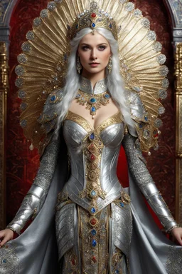 Realistic photography,front view, Beautiful Queen Russian Byzantine fairy super model Byzantine Woman, silver hair,dressing luxury party gown,looking at viewer,traditional dress ornaments Luxury gown Byzantine traditional, intricate armor, delicate golden shine bright, black metalic parts, detailed part, jewelry diamonds,dynamic pose,abstrac background, dynamic lighting, red hour, full body portrait