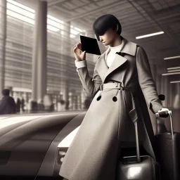 A tall slender young woman with short hair and a black trench coat longingly waiting for her flight at an airport while tweeting on her phone