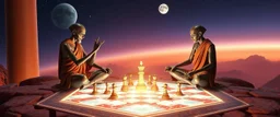 alien yoga monk chess masters playing serious glowing chess on hex map in lounge on beautiful lush planet