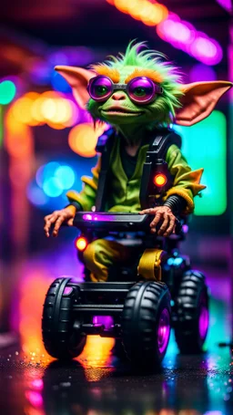 portrait of kobold Hairy Gremlin myth buster pimp ninja yoga cyber punk in flying hipster lawn tractor parked in dark neon lit reflective wet arcade hall tunnel,bokeh like f/0.8, tilt-shift lens 8k, high detail, smooth render, down-light, unreal engine, prize winning