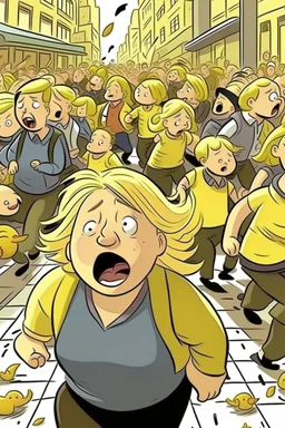 an obese terrified blonde woman crying and sobbing in a pant suit desperately running away from an angry mob of thousands of kindergarten kids chase her down a city street while holding books