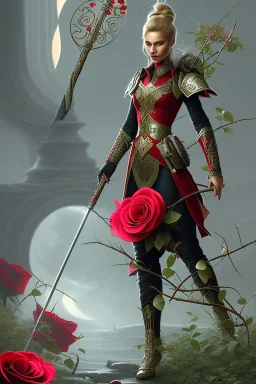 A large metal spear weapon covered in roses and thorns, realistic, fantasy,