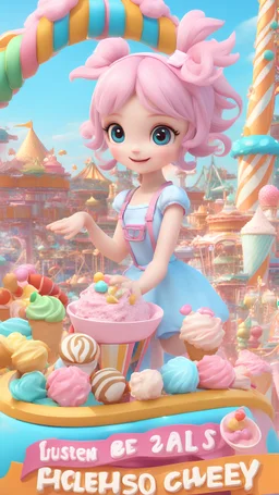 Craft a delightful 3D-style illustration featuring a pretty pastel anime girl enjoying a fun-filled day at an amusement park. Capture the girl's joy and excitement as she indulges in colorful candy and whimsical ice cream treats. Surround her with vibrant, lively scenes of roller coasters, carousel rides, and other whimsical attractions to bring this playful world to life. Use a soft, pastel color palette to evoke a sense of sweetness and innocence, and infuse the artwork with a sense of whimsy