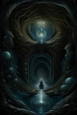 Illustrate a mystical gateway opening in the dark, leading to realms of inner transformation. Capture the essence of spiritual metamorphosis by depicting a soul emerging from a cocoon of obsidian hues.