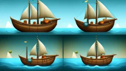 Game UI: Boat Sailing Layout: Split screen (top 3/4: game world, bottom 1/4: controls) Game World: Stylized sailboat (single mast, billowing sail), ocean environment (waves, horizon), optional obstacles. Subtle wind direction indicator. Controls: Steering wheel or left/right arrows Hoist/Lower Sail buttons (icons) Adjust Sail Angle buttons (up/down arrows) Optional: Speed indicator, wind strength indicator, minimap Style: Clean, simple, muted colors,