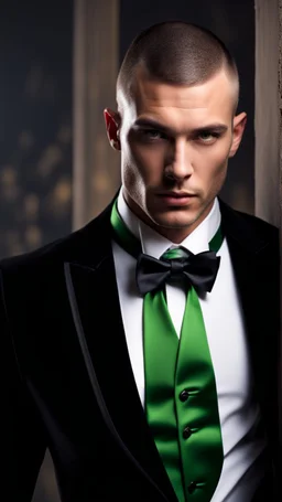 Handsome Alpha Male aged 30. buzzcut hair, five o clock shadow, wearing a black tuxedo with a green bow tie. Hyperrealistic 4k dark fantasy