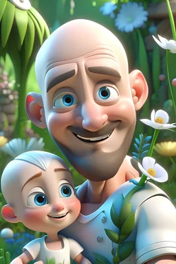 4K poster for a Pixar and Disney animated film, a cartoon bald white man with a black biker style beard and blue eyes, who is strong, caring and loving. He is holding a small white baby girl with lovely brown eyes, and a huge adventurous smile, concept art by Pixar, cgsociety, character, white background, watercolor style, Autodesk Sketchbook, blooming flower garden scene, smooth animation style.