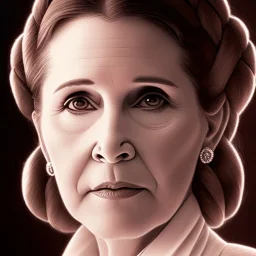 extremely detailed 8k hyperspace wallpaper,complete and photo realistic detailed head to waist stunning photo realistic portrait of carrie fisher as Princess Leia in star wars with photo realistic minimal and unpretentiously updo hair, brown eyes, professional majestic photo realistic painting by Ed Blinkey, Atey Ghailan, by Jeremy Mann, Greg Manchess, Antonio Moro, trending on ArtStation, Intricate, High Detail, Sharp focus, dramatic, by greg rutkowski, realism, beautiful and detailed lighting,