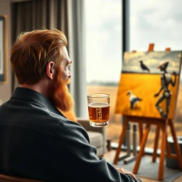 Vincent Van Gogh seen from behind. We can disting his red beard and hair. He is smiling sitted in his modern luxury apartment drinking a beer looking at a standing tired-looking sophisticated humanoid robot painting a version of "Wheatfield with Crows" at the background. The background is a bit out of focus. Ultra realistic, sharp, colorful photograph.