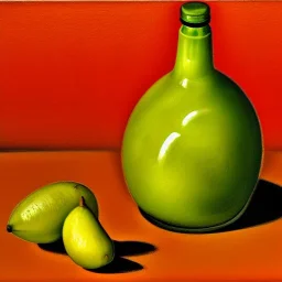 still life bottle half fruit