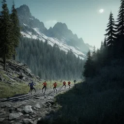 Five hunters running towards a mountain hut, sense of fear, Alps, night sky, 8k, HD, cinematography, photorealistic, Cinematic, Color Grading, Ultra-Wide Angle, Depth of Field, hyper-detailed, beautifully color-coded, insane details, intricate details, beautifully color graded, Cinematic, Color Grading, Editorial Photography, Depth of Field, DOF, Tilt Blur, White Balance, 32k, Super-Resolution, Megapixel, ProPhoto RGB, VR, Halfrear Lighting, Backlight, Natural Lighting, Incandes