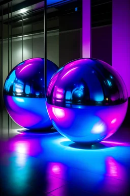 Large mirror spheres illuminated by magenta and blue, relistic, 4