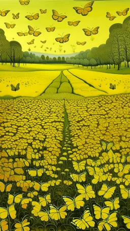 A yellow stinky field with butterflies designed in ancient Egyptian hieroglyphics painted by Grant Wood
