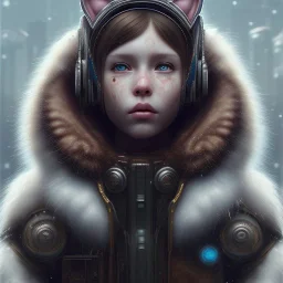 Cyberpunk Portrait of cyborg cat child with brown hair and with cute face, north pole snowy vibe , perfect composition, hyperrealistic, super detailed, 8k, high quality, trending art, trending on artstation, sharp focus, studio photo, intricate details, highly detailed, by greg rutkowski