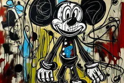 mickey mouse vertical line half skeleton, neo-expressionism, acrylic paint