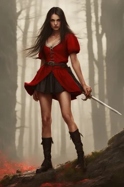 a young witch in a red low-cut short skirt, with a sword in one hand, photorealistic, delicate detail.