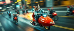 rocket ship scooter coated cat captain in high speed pursuit among neon rat cyber soldiers, with background motion blur
