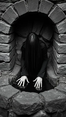 Black and white classic movie the well . A scary women wearing all black and long hair covering her face crawling out of an old well out both her hands on are touching the ground out side the well but her half of her buddy is inside , scary scene