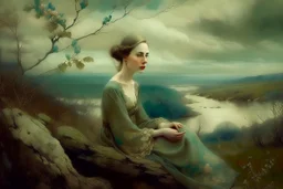 Single image: A Very Beautiful pretty dreamy Lady in eerie beautiful landscape art by Anka Zhuravleva, Sandy Welch, Jane Small, Aliza Razell, Eduard Veith, Joel Robison, Mikhail Vrubel, Ferdinand Hodler, Christoffer Relander, William Timlin, Charles Rennie Mackintosh, John Lowrie Morrison, Sidney Nolan. 3/4 Headshot, Volumetric lighting, 3d, mixed media, Best quality, crisp quality