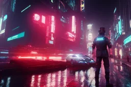 3D, beautiful, light reflecting, empty future city at night, rainy night, neon, cyberpunk, tron, person with helmet walking