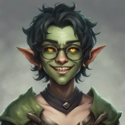 dnd, portrait of cute young orc-elf hybrid femboy, black hair, short hair, curled hair, hair covering one eye, emo hair, round glasses, tusks, sharp teeth, yellow eyes, flat chest, mage, magic, nose ring, pierced ears, twink, smile, sharp teeth, green skin, round face