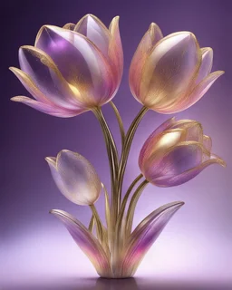 A 3D transparent glass tulips with intricate design: crystalline petals reflect pink, purple, and gold hues with gemstone-like edges and water droplets. A metallic stem and leaves, along with blurred warm gradients, evoke a futuristic, ethereal fantasy atmosphere