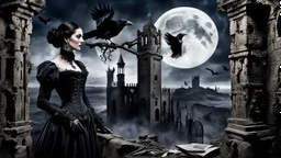 goth theme with victorian style woman, sharp focus, realistic, two raven, tower, ruin, moon, darkness, detalied materials, old wall, mystic, dark fantasy
