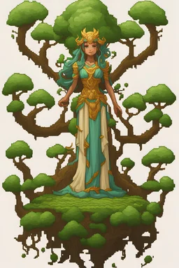 a pixel tree that sprouts in the shape of a goddess for the 2d sidescroller game